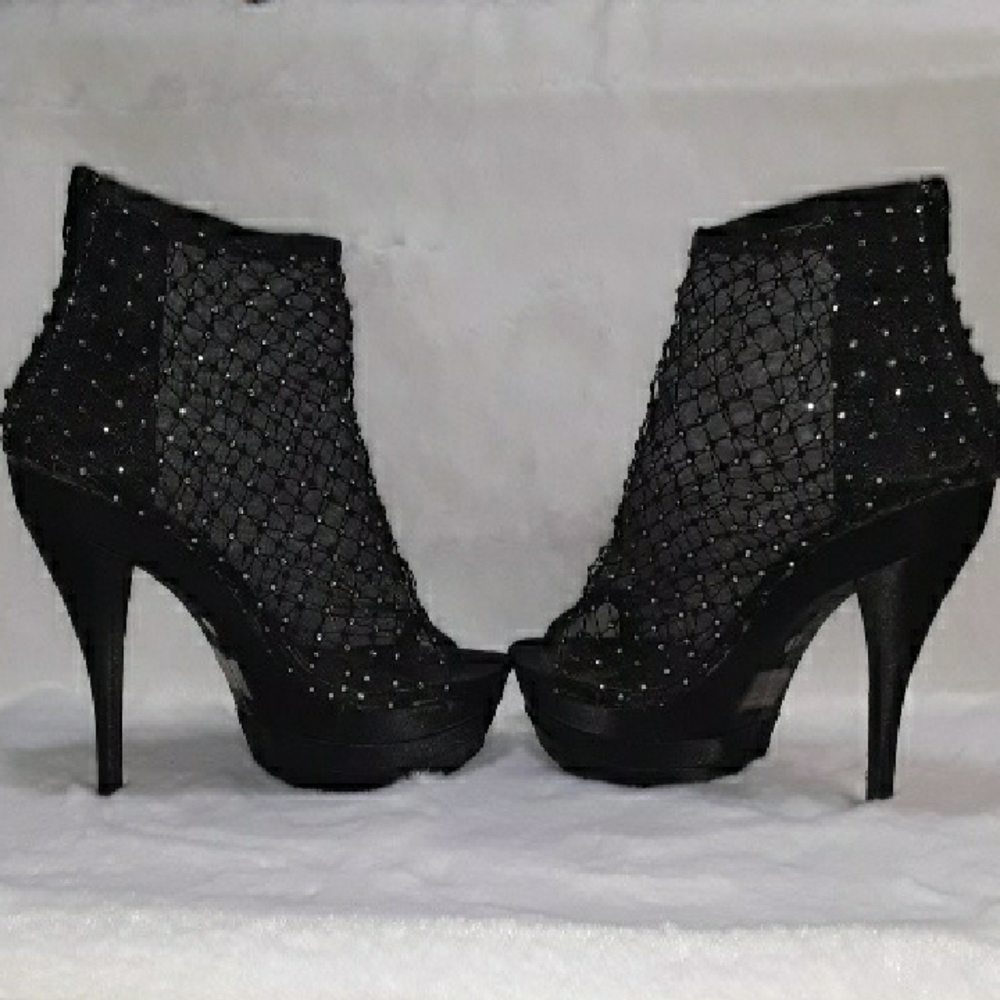**SOLD** Wild Rose Black Mesh High Heels with Rhinestones - Picture 3 of 8